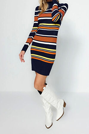 Yeni Regular Casual Günlük Çift Plaka Triko Dik Yaka Uzun Kol Shift Mini Boy Elbise