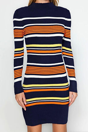 Yeni Regular Casual Günlük Çift Plaka Triko Dik Yaka Uzun Kol Shift Mini Boy Elbise