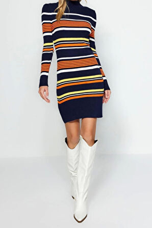 Yeni Regular Casual Günlük Çift Plaka Triko Dik Yaka Uzun Kol Shift Mini Boy Elbise