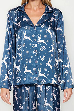 Kadın Boru Paça Uzun Kol Lacivert- Yılbaşı Temalı Saten Gömlek-Pantolon Dokuma Pijama Takımı