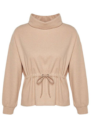 Kadın Moda Regular Dik Yaka Standart Kol Regular Selanik Triko Büzgülü Normal Kalıp Örme Sweatshirt