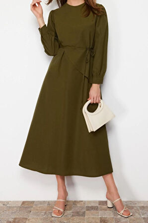 Yeni Regular Casual Günlük Terrycotton Dokuma Bisiklet Yaka Uzun Kol A-Line Maxi Boy Tesettür Elbise