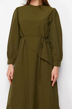 Yeni Regular Casual Günlük Terrycotton Dokuma Bisiklet Yaka Uzun Kol A-Line Maxi Boy Tesettür Elbise