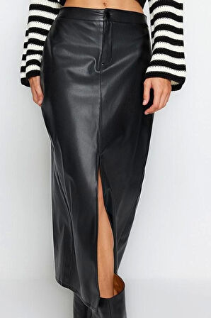 Kadın Moda Stil Maxi Astarsız Örme Yırtmaçlı Suni Deri Yüksek Bel Maxi Örme Etek