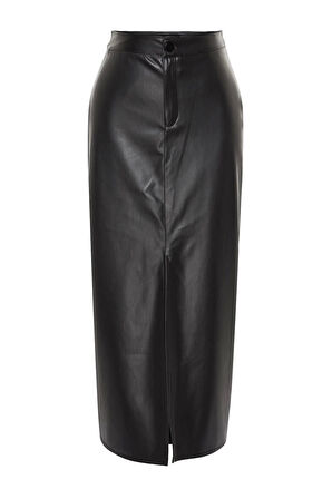 Kadın Moda Stil Maxi Astarsız Örme Yırtmaçlı Suni Deri Yüksek Bel Maxi Örme Etek