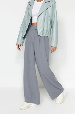 Kadın Geniş Paça Uzun Boy Örme Kahverengi Leopar Desenli Kemeri Cırtlı Yüksek Bel Pileli Pantolon