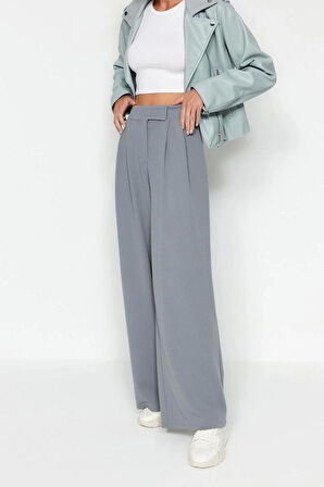 Kadın Geniş Paça Uzun Boy Örme Kahverengi Leopar Desenli Kemeri Cırtlı Yüksek Bel Pileli Pantolon