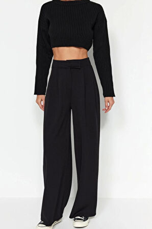 Kadın Geniş Paça Uzun Boy Örme Kahverengi Leopar Desenli Kemeri Cırtlı Yüksek Bel Pileli Pantolon