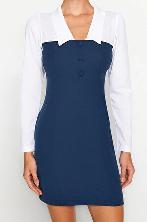 Yeni Fit Business Finike Dokuma Gömlek Yaka Uzun Kol Bodycone Mini Boy Elbise