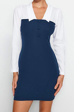 Yeni Fit Business Finike Dokuma Gömlek Yaka Uzun Kol Bodycone Mini Boy Elbise