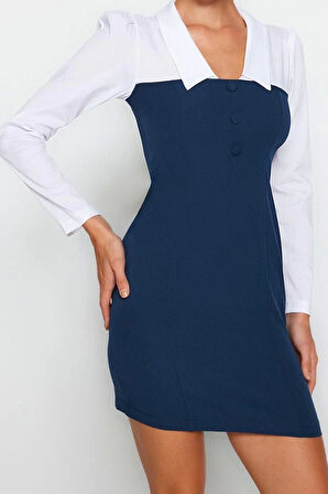 Yeni Fit Business Finike Dokuma Gömlek Yaka Uzun Kol Bodycone Mini Boy Elbise