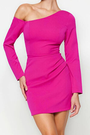 Yeni Fit Mezuniyet Balo Finike Dokuma Asimetrik Yaka Uzun Kol Bodycone Mini Boy Elbise