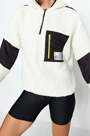 Kadın Oversize Fermuarlı Yaka Düşük Kol Paraşüt Kumaş Detaylı Peluş Geniş Kalıp Örme Spor Sweatshirt