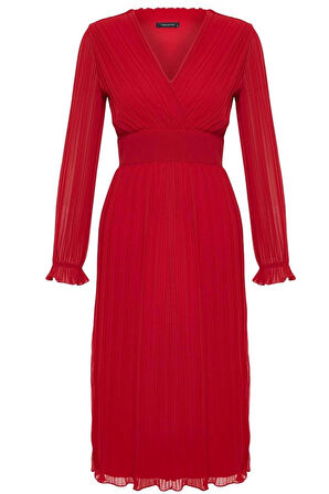 Kadın Moda Şık Midi Boy Kruvaze Regular Kuşaklı Düz Dokuma Elbise