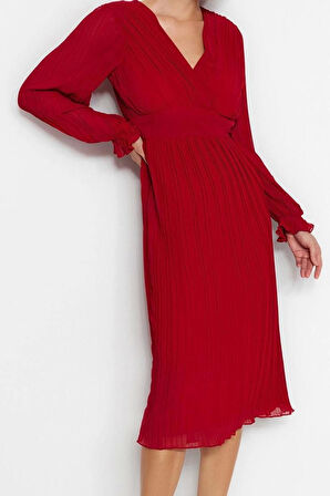 Kadın Moda Şık Midi Boy Kruvaze Regular Kuşaklı Düz Dokuma Elbise