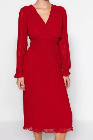 Kadın Moda Şık Midi Boy Kruvaze Regular Kuşaklı Düz Dokuma Elbise