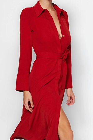 Kadın Moda Şık Midi Boy Gömlek Yaka Regular Kuşaklı Düğmeli Dokuma Gömlek Elbise