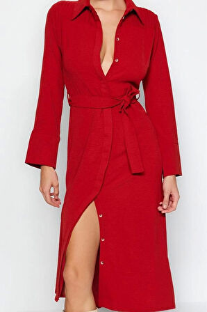 Kadın Moda Şık Midi Boy Gömlek Yaka Regular Kuşaklı Düğmeli Dokuma Gömlek Elbise