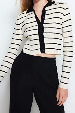 Kadın Moda Şık Crop Polo Yaka Slim Crop Çizgili Polo Yaka Triko Hırka