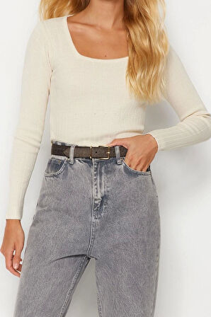Kadın Moda Şık Kare Yaka Standart Kol Crop Triko Kazak