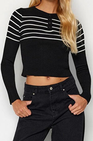Kadın Moda Şık Bisiklet Yaka Standart Kol Crop Çizgili Triko Kazak