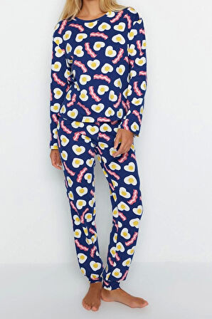 Kadın Boru Paça Uzun Kol %100 Pamuk Kahvaltı Desenli Tshirt-Pantolon Örme Pijama Takımı