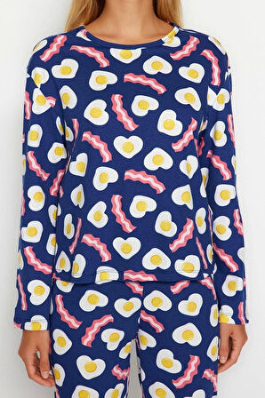 Kadın Boru Paça Uzun Kol %100 Pamuk Kahvaltı Desenli Tshirt-Pantolon Örme Pijama Takımı