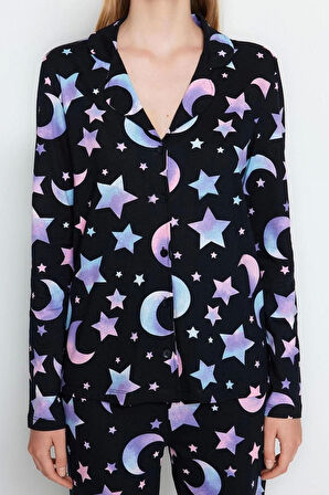 Kadın Moda Gömlek Yaka Boru Paça Uzun Kol %100 Pamuk Galaksi Desenli Gömlek-Pantolon Pijama Takımı