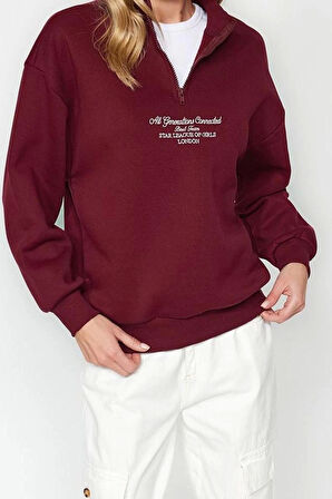 Kadın Moda Bol Fermuarlı Yaka Düşük Kol Uzun Kalın İçi Polarlı Fermuarlı Geniş Kalıp Örme Sweatshirt