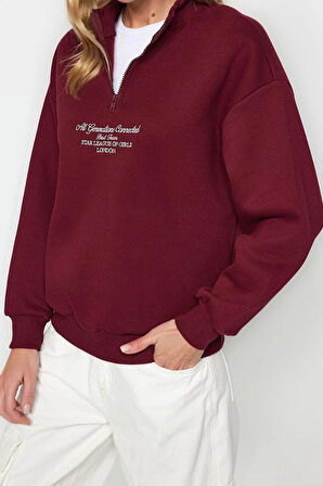 Kadın Moda Bol Fermuarlı Yaka Düşük Kol Uzun Kalın İçi Polarlı Fermuarlı Geniş Kalıp Örme Sweatshirt