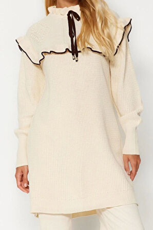 Kadın Tesettür Moda Şık Regular Dik Yaka Uzun Kol Saç Örgü Siyah Biyeli Triko Örgü Kazak