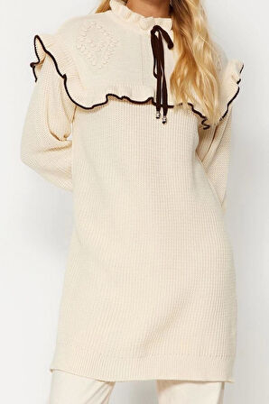 Kadın Tesettür Moda Şık Regular Dik Yaka Uzun Kol Saç Örgü Siyah Biyeli Triko Örgü Kazak