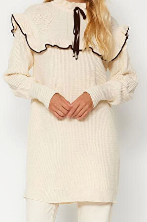 Kadın Tesettür Moda Şık Regular Dik Yaka Uzun Kol Saç Örgü Siyah Biyeli Triko Örgü Kazak