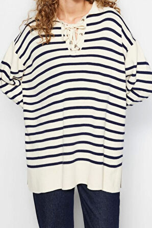 Kadın Tesettür Moda Şık Regular Kare Yaka Uzun Kol Çizgili Rahat Kalıp Triko Kazak