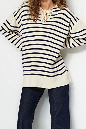 Kadın Tesettür Moda Şık Regular Kare Yaka Uzun Kol Çizgili Rahat Kalıp Triko Kazak