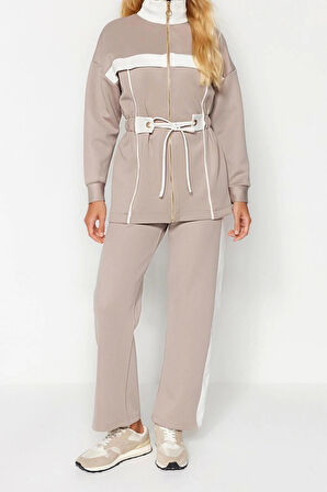 Kadın Moda Şık Regular Boy Uzun Kollu Biyeli Örme Scuba Dalgıç Alt-Üst Takım