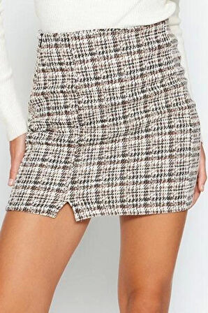 Kadın Moda Stil Mini Astarsız Örme Fermuarlı ve Yırtmaçlı Tüvit Normal Bel Mini Örme Etek