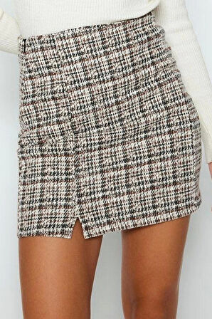 Kadın Moda Stil Mini Astarsız Örme Fermuarlı ve Yırtmaçlı Tüvit Normal Bel Mini Örme Etek