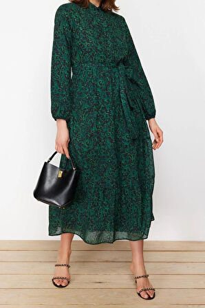 Yeni Rahat Casual Günlük Şifon Dokuma Dik Yaka Uzun Kol Basic Maxi Boy Tesettür Elbise