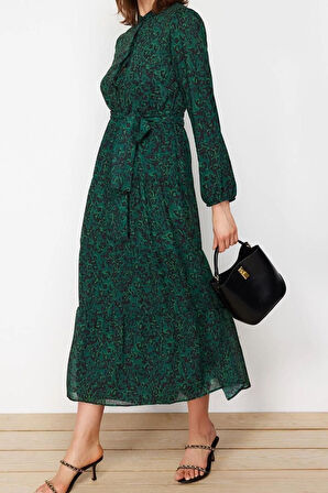 Yeni Rahat Casual Günlük Şifon Dokuma Dik Yaka Uzun Kol Basic Maxi Boy Tesettür Elbise