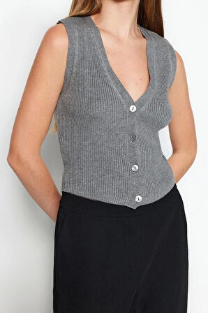 Kadın Moda Şık Regular V Yaka Uzun Kol Düz Premium İplik Özel İplik Triko Yelek