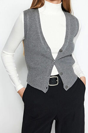 Kadın Moda Şık Regular V Yaka Uzun Kol Düz Premium İplik Özel İplik Triko Yelek