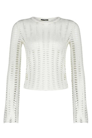 Kadın Moda Şık Üst Giyim Crop Bisiklet Yaka İspanyol Kol Regular Kalıp Örme Fileli Slim Fit Bluz