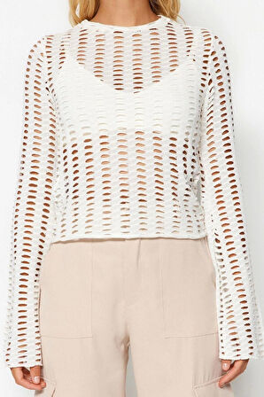 Kadın Moda Şık Üst Giyim Crop Bisiklet Yaka İspanyol Kol Regular Kalıp Örme Fileli Slim Fit Bluz