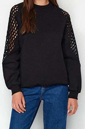 Kadın Bisiklet Yaka Düşük Kol File Detaylı Kalın İçi Polarlı Normal Kalıp Örme Sweatshirt