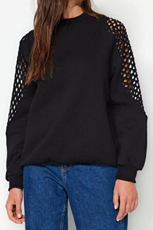 Kadın Bisiklet Yaka Düşük Kol File Detaylı Kalın İçi Polarlı Normal Kalıp Örme Sweatshirt