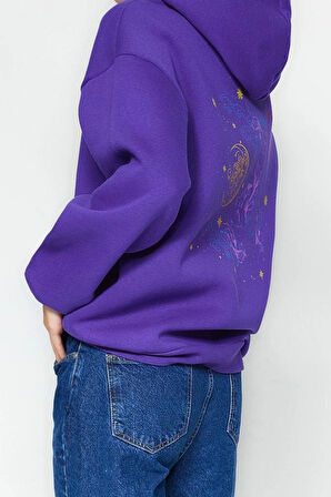 Kadın Moda Şık Bol Kapüşonlu Düşük Kol Uzun Kalın İçi Polarlı Baskılı Geniş Kalıp Örme Sweatshirt