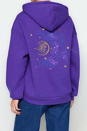 Kadın Moda Şık Bol Kapüşonlu Düşük Kol Uzun Kalın İçi Polarlı Baskılı Geniş Kalıp Örme Sweatshirt