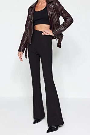 Kadın Moda İspanyol Paça Regular Boy Örme İnceltici Yüksek Bel Flare İspanyol Paça Örme Pantolon