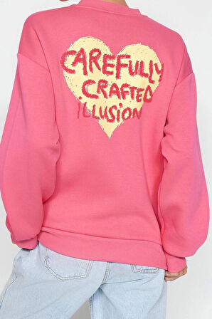 Kadın Oversize Bisiklet Yaka Düşük Kol Uzun Kalın Polarlı  Sırt Kabartma Baskılı Örme Sweatshirt